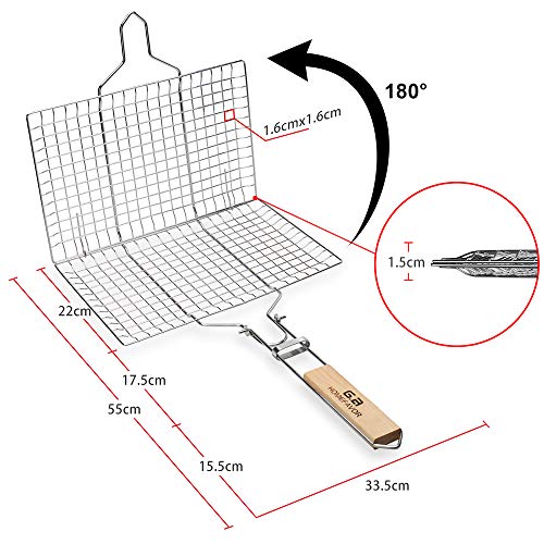 G.a HOMEFAVOR Barbacoa Parrilla Portátil Plegable Acero Inoxidable Cesto Pescado Parrilla con Mango de Madera para Pescado, Verduras, Camarón, Carne, 55 x 33.5cm