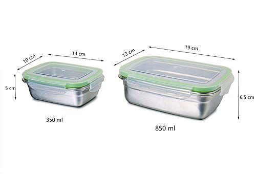 G.a HOMEFAVOR Fiambrera con Acero Inoxidable 2 Piezas Caja Bento Lunch Box para Niños Y Adultos con Tapa De Plástico (Grande 850ml, Pequeño 350ml), Verde