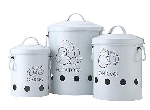 G.a HOMEFAVOR Olla Patatas, Cubo de Lata para Almacenamiento de Patatas, Cesta de Metal para Frutas, Verduras y Cebolla, Envases para ajo para la Cocina, Set de 3