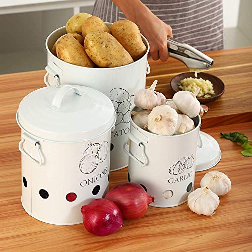 G.a HOMEFAVOR Olla Patatas, Cubo de Lata para Almacenamiento de Patatas, Cesta de Metal para Frutas, Verduras y Cebolla, Envases para ajo para la Cocina, Set de 3