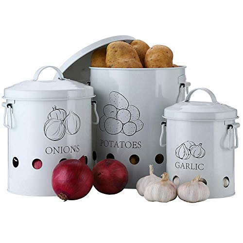 G.a HOMEFAVOR Olla Patatas, Cubo de Lata para Almacenamiento de Patatas, Cesta de Metal para Frutas, Verduras y Cebolla, Envases para ajo para la Cocina, Set de 3