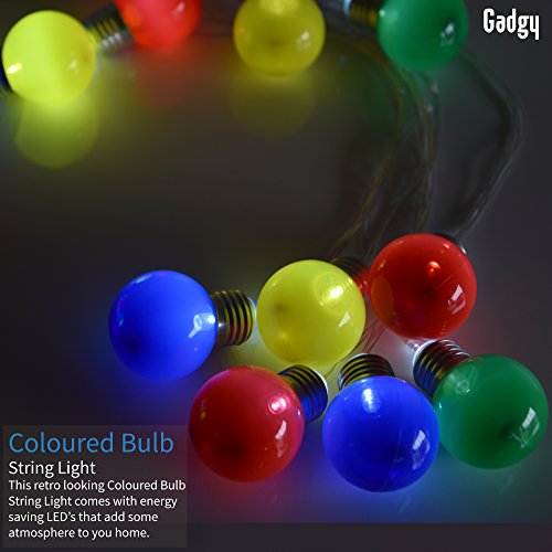 Gadgy ® Guirnalda Luces Colores | Cadenas de 25 Bombillas LED Plástico | Luces Para Patio Fiesta Jardin | Prueba de Salpicaduras usan Interiores| 10 Metros | Bajo Consumo Energia