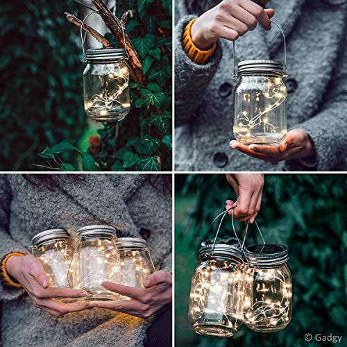 Gadgy ® Lámpara Solar Mason Jar Tarro Cristal Set Luces de Hadas | 3 Pzs | 20 LED’s Luz Blanca Cálida | Jarra Jardín Exterior Interior Colgar Farol