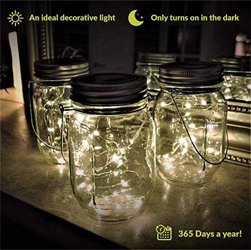 Gadgy ® Lámpara Solar Mason Jar Tarro Cristal Set Luces de Hadas | 3 Pzs | 20 LED’s Luz Blanca Cálida | Jarra Jardín Exterior Interior Colgar Farol