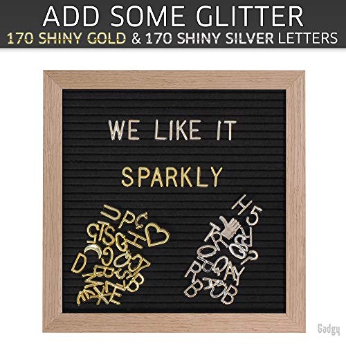 Gadgy ® Retro Fieltro Letter Board | con 340 Brillantes Letras de Oro y Plata | 170 Letras Blancas, 100 Iconos | Soporte y Bolso | 25x25 cm