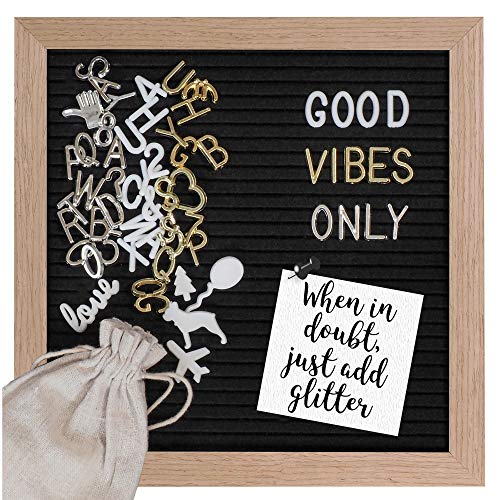 Gadgy ® Retro Fieltro Letter Board | con 340 Brillantes Letras de Oro y Plata | 170 Letras Blancas, 100 Iconos | Soporte y Bolso | 25x25 cm