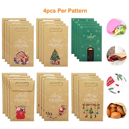 Gafild Cajas de Regalo Navidad, 24pcs 6 Estilos Bolsa de regalo para Calendario de Adviento papel Kraft para fiesta Dulces Galletas Chocolates Decoración de Regalos 22x13x6cm