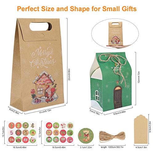 Gafild Cajas de Regalo Navidad, 24pcs 6 Estilos Bolsa de regalo para Calendario de Adviento papel Kraft para fiesta Dulces Galletas Chocolates Decoración de Regalos 22x13x6cm