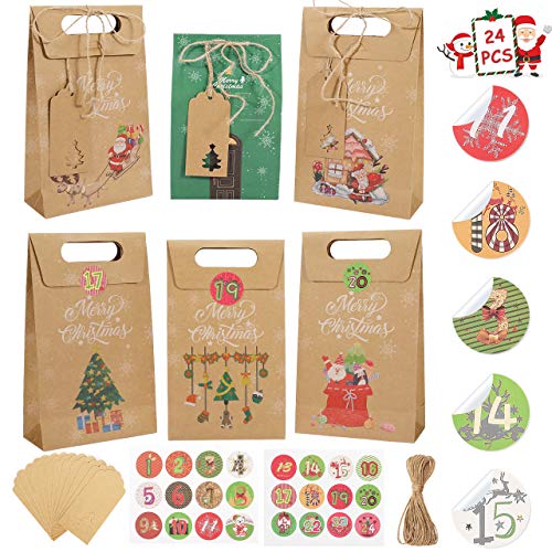 Gafild Cajas de Regalo Navidad, 24pcs 6 Estilos Bolsa de regalo para Calendario de Adviento papel Kraft para fiesta Dulces Galletas Chocolates Decoración de Regalos 22x13x6cm