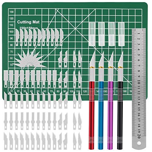 Gafild Hobby Knife, 86pcs cuchillos artesanales de acero inoxidable Cúter Carving Craft Escalpelo Bisturí para Manualidades incluye 4 asas y 80 hojas 1 Alfombrilla de Corte 1 regla de acero