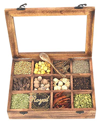 Galaxy Indiacraft - Caja multiusos de madera para especias Masala Dabba, contenedores para cocina y frutas secas con cuchara de madera gratis 4 Multi-Compartments Madera.