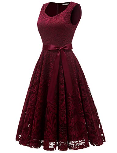 Gardenwed Elegante Una línea Sin Mangas Floral Encaje Corto Vestido De Fiesta Mujeres Cóctel Dama de Honor Fiesta Vino Tinto M