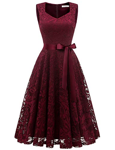 Gardenwed Elegante Una línea Sin Mangas Floral Encaje Corto Vestido De Fiesta Mujeres Cóctel Dama de Honor Fiesta Vino Tinto M