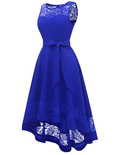 Gardenwed Vintage Sin Mangas Vestidos de Dama de Honor Vestidos de Fiesta de Encaje Floral de Alta Bajo La Noche de Las Mujeres Vestidos de Cóctel Royal Blue 2XL