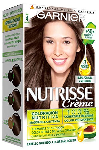 Garnier Nutrisse Creme Coloración Nutritiva Permanente, Tinte 100% Cobertura de Canas con Mascarilla Nutritiva de 4 Aceites - Tono 4 Castaño