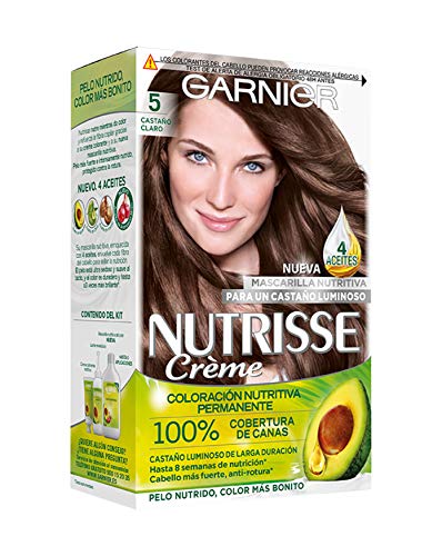 Garnier Nutrisse Creme Coloración Nutritiva Permanente, Tinte 100% Cobertura de Canas con Mascarilla Nutritiva de 4 Aceites - Tono 5 Castaño Claro