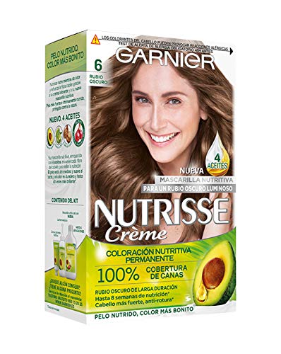 Garnier Nutrisse Creme Coloración Nutritiva Permanente, Tinte 100% Cobertura de Canas con Mascarilla Nutritiva de 4 Aceites - Tono 6 Rubio Oscuro