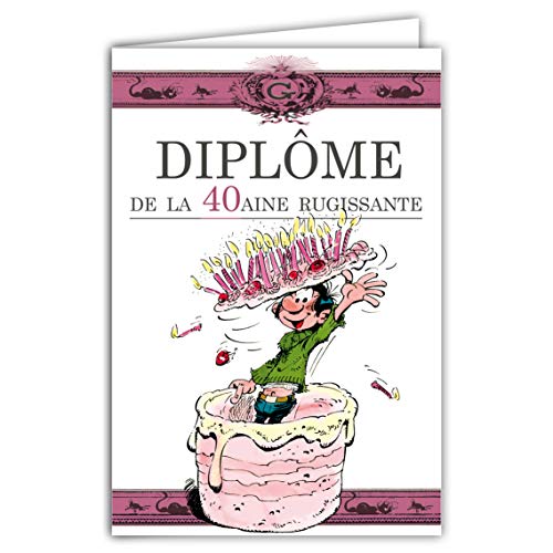 Gaston Lagaffe - Tarjeta doble con sobre de cumpleaños, diiploma de la 40ena Rugissante – Tarta para velas con crema fresas