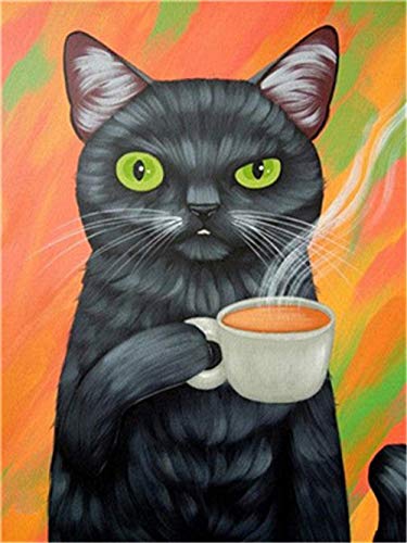 Gato bebiendo café pintura al óleo pintura por número kit principiante digital dibujo decoración del hogar mural regalo inacabado pintado a mano ilustraciones  40x50cm (con marco)