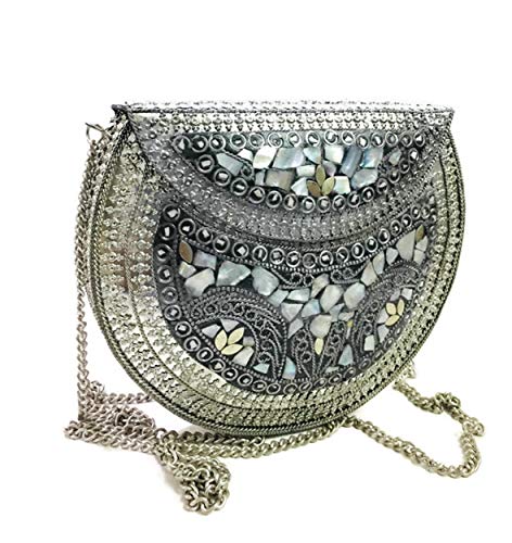 Gauri Bolso de plata nácar bolsa de piedra embrague étnico indio antiguo bolso bolsa de mosaico bolsa de metal regalo de las niñas