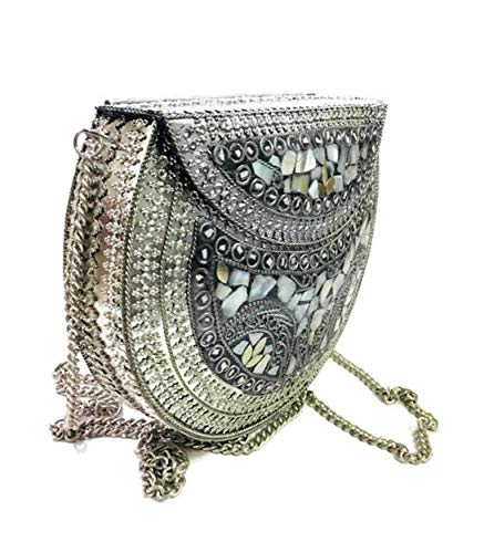 Gauri Bolso de plata nácar bolsa de piedra embrague étnico indio antiguo bolso bolsa de mosaico bolsa de metal regalo de las niñas