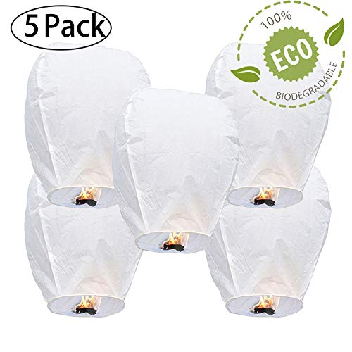 GCOA 5 Pack Linternas de Papel Farolillo celestiales chinas - Linterna de papel resistente al fuego, 100% biodegradable, respetuosa con el medio ambiente y ecológica para su lanzamiento en Sky,blanco