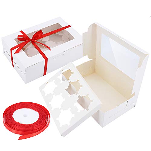 Gearific Cajas para Cupcakes, Paquete de 10 Cajas para Tartas con Inserciones extraíbles, recipientes Blancos para Cupcakes de panadería con Ventana para Muffins Cake (6 Agujeros)