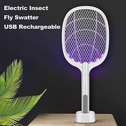 Gecheer Raqueta Mosquitos Electrica USB Recargable, Matamoscas Electrico Exterior, con Lámpara de Iluminación LED, Malla de Seguridad de 3 Capas Toque Seguro