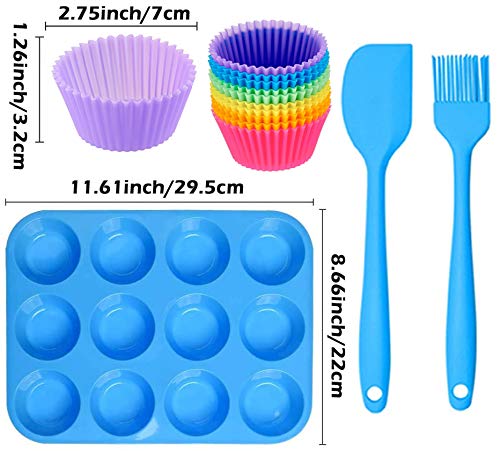 Geeke Set 12 Muffins y moldes para Pasteles de Silicona Reutilizables, con 12 Muffins, 1 espátula de Silicona y 1 Cepillo de Aceite, sartén Antiadherente, Apto para lavavajillas, Horno y microondas