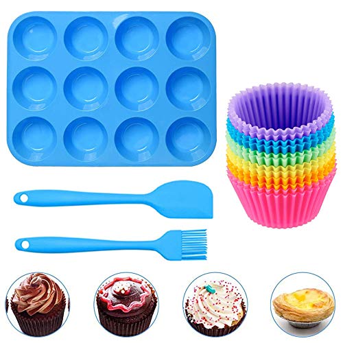 Geeke Set 12 Muffins y moldes para Pasteles de Silicona Reutilizables, con 12 Muffins, 1 espátula de Silicona y 1 Cepillo de Aceite, sartén Antiadherente, Apto para lavavajillas, Horno y microondas