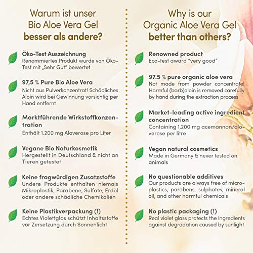 Gel de Aloe Vera ORGÁNICO 100% - “MUY BUENO” ECO-Test 08/20 - Cosméticos de Satin Naturel - Ácido Hialurónico, Espirulina, Jazmín - After Sun Refrescante Antiinflamatorio - Envasado en vidrio violeta