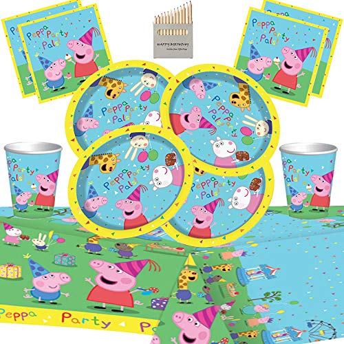 Gemma Peppa Pig Party Supplies Fiesta de cumpleaños Infantil para 16 Invitados Peppa Deluxe Party Vajilla con Globos y pancartas Peppa