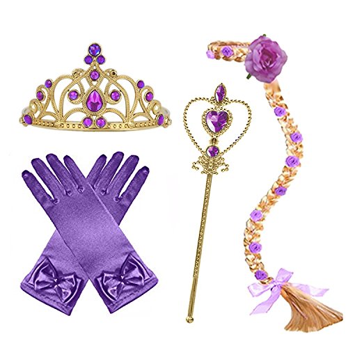 GenialES 4 Piezas Princesa Dress Up Accesorios para Niñas Diadema Varita Mágica Trenza Guantes Púrpura para Cumpleaños Party Carnaval Fiesta Cosplay Halloween