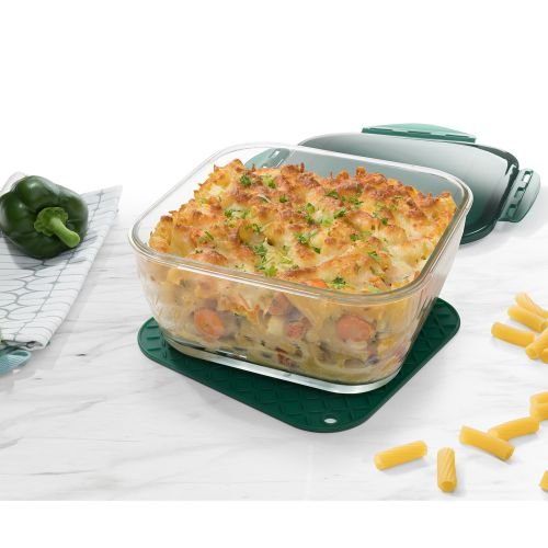 Genius Nicer Dicer Chef - Cuenco grande de cristal con tapa y alfombrilla de silicona para horno, apto para horno y congelador