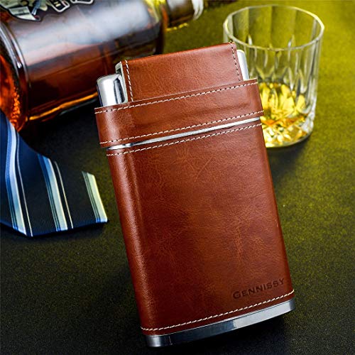 Gennissy 304 18/8 acero inoxidable Petaca Flask - marrón piel con 3 vasos y embudo 100% a prueba de fugas