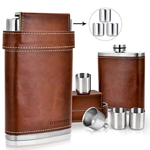 Gennissy 304 18/8 acero inoxidable Petaca Flask - marrón piel con 3 vasos y embudo 100% a prueba de fugas