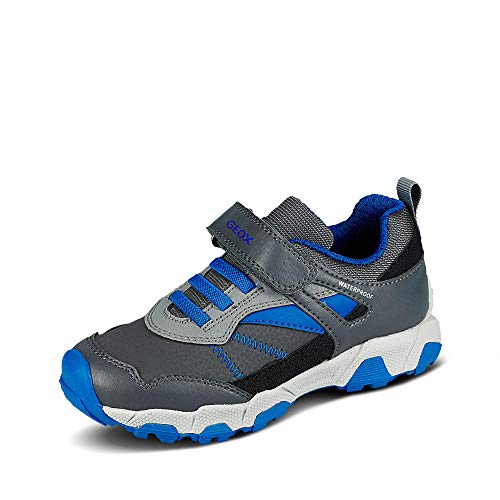 Geox Niños Zapatillas MAGNETAR Boy WPF,Chico Bajo,Zapato bajo,Deportivo,Cierre de Velcro,Removable Insole,Impermeable,DK Grey/Royal,32 EU/13 UK Child