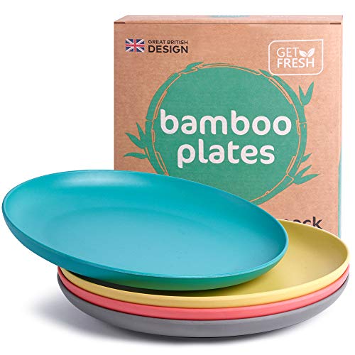 GET FRESH Platos de Bambú para Niños - Set de 4 Platos Reutilizables de Bambú para Niños y Adultos - Vajilla de Fibra de Bambú sin BPA Aptas para el Lavavajillas – Vajilla Infantil de Bambú Platos