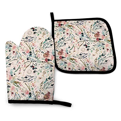 gfhfdjhf Guantes para Horno y Soporte para ollas Juego de 2 Piezas Fable Floral Impermeable Cocina Mitones para Horno Almohadilla para Olla Resistente al Calor para Hornear Barbacoa