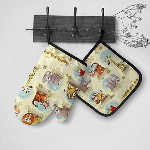 gfhfdjhf Guantes para Horno y Soporte para ollas Juego de 2 Piezas Savannah Animals Guantes Impermeables para Horno de Cocina Almohadilla para ollas Resistente al Calor para Hornear Barbacoa