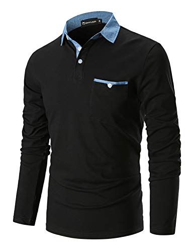 GHYUGR Polo para Hombre Mangas Largas Denim Costura Camisas Algod¨®n Slim Fit Camiseta Golf Poloshirt T-Shirt Oficina BOT¨®n Cuello,Negro,L