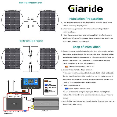 GIARIDE 50W 18V 12V Solar Panel Monocristalino Célula Placa Solar Flexible Fotovoltaico Módulo Cargador Batería Ligero Impermeable con Mc4 Conector off Grid para Techo, RV, Barco