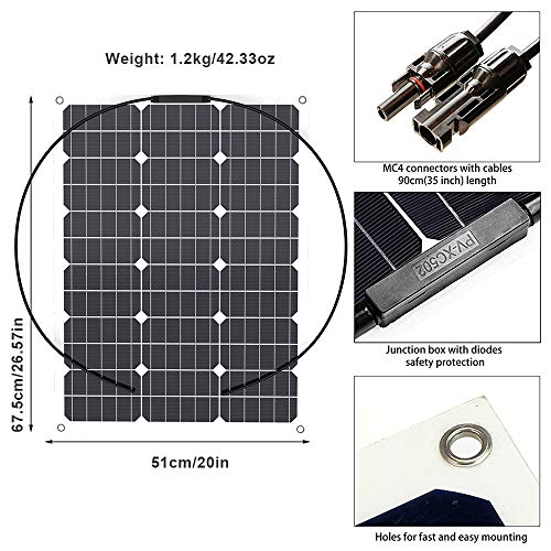 GIARIDE 50W 18V 12V Solar Panel Monocristalino Célula Placa Solar Flexible Fotovoltaico Módulo Cargador Batería Ligero Impermeable con Mc4 Conector off Grid para Techo, RV, Barco