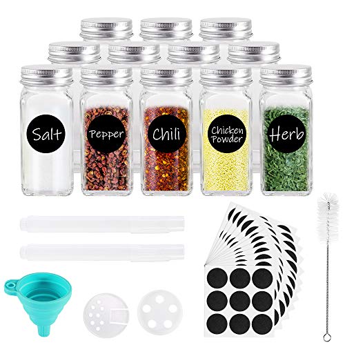 Gifort Botes de Especias Cristal, 12PCS Tarros de Vidrio Cuadrados para Especias 120ml con Etiquetas, Tapas Herméticas y Embudo, Organizador de Cocina para Especias y Hierbas