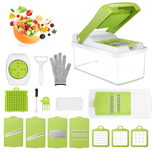 Gifort Cortador de Verdura, Mandolina de Verduras 16 en 1 Multifuncional Mandolina de Cocina Slicer 7 Cuchillas Acero Inoxidable, Guantes,Protector de Mano para Cortar Frutas/Verduras