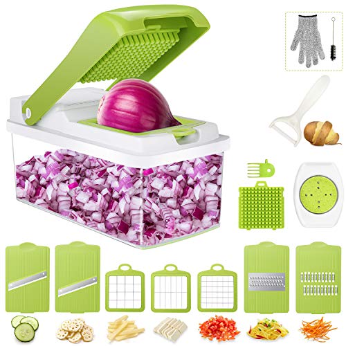 Gifort Cortador de Verdura, Mandolina de Verduras 16 en 1 Multifuncional Mandolina de Cocina Slicer 7 Cuchillas Acero Inoxidable, Guantes,Protector de Mano para Cortar Frutas/Verduras