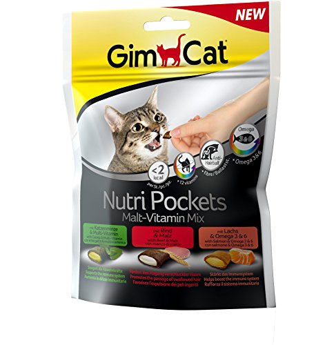 GimCat Nutri Pockets – Snack crujiente para gatos: provisto de relleno cremoso e ingredientes funcionales – Sin azúcar añadido – Mezcla de malta y vitaminas – 1 bolsa (1 x 150 g)