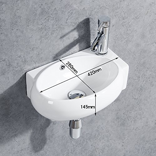 Gimify Lavabo Pequeño de Pared Compacto Lavamanos Cerámico Blanco para Baño (Ovale 420 * 280 * 145mm)