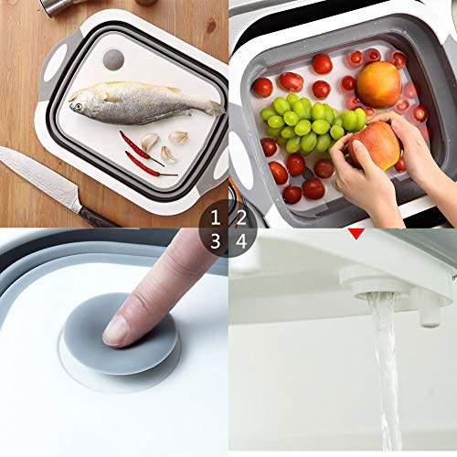 Gintan Tabla de Cortar Plegable Multifunción Tabla de Cortar Cocina con Colador y Toalla,3 in 1 Tabla para Cortar Cesta de Drenaje para Cocina Frutas Verduras(Gris