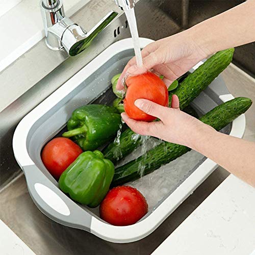 Gintan Tabla de Cortar Plegable Multifunción Tabla de Cortar Cocina con Colador y Toalla,3 in 1 Tabla para Cortar Cesta de Drenaje para Cocina Frutas Verduras(Gris